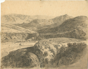 Dibuix - Sant Joan de les Abadesses des de l’ermita del Prat -