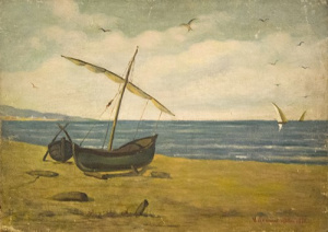 Pintura - Dues barquetes a la platja de Badalona -