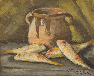 Pintura - Natura morta amb vas i peixos -