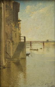 Pintura - Paisatge amb canal i casa -